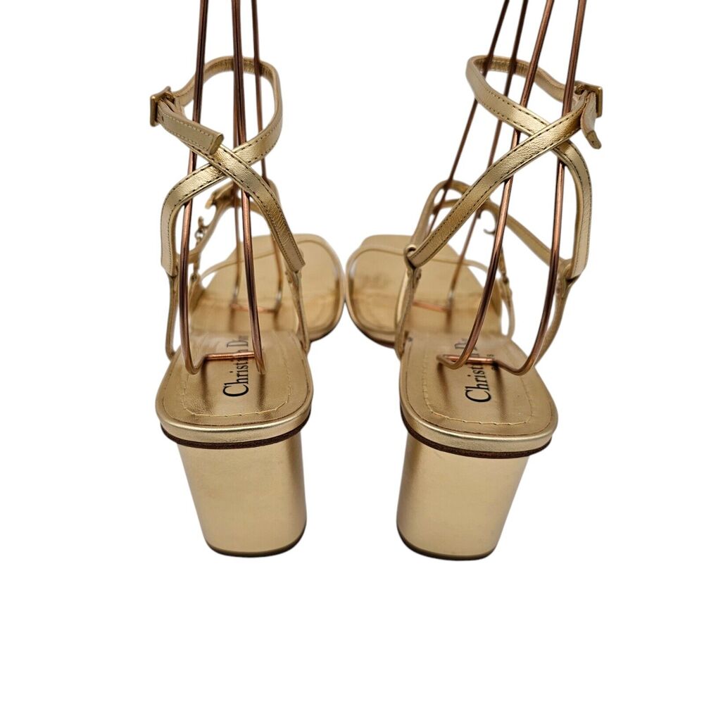 Christian Dior CD C'est Dior Heeled Sandal Size 37 US 7 Gold Metallic Strappy - Picture 5 of 12